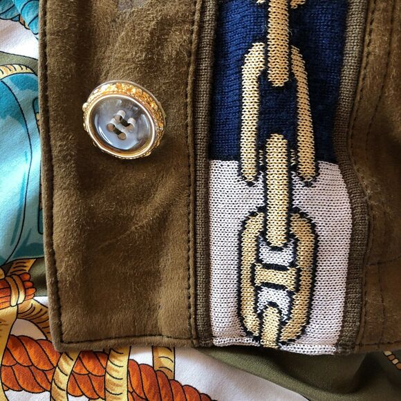 Torras Spain Vintage 80s Jacket Green Suede Gold Navy Knit Chain Link - Picture 5 of 14